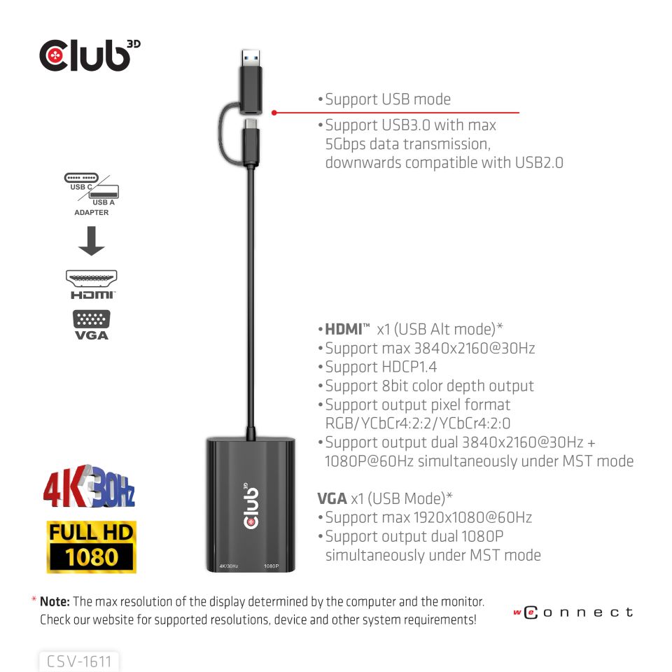 Club 3D Splitter USB-C auf HDMI + VGA