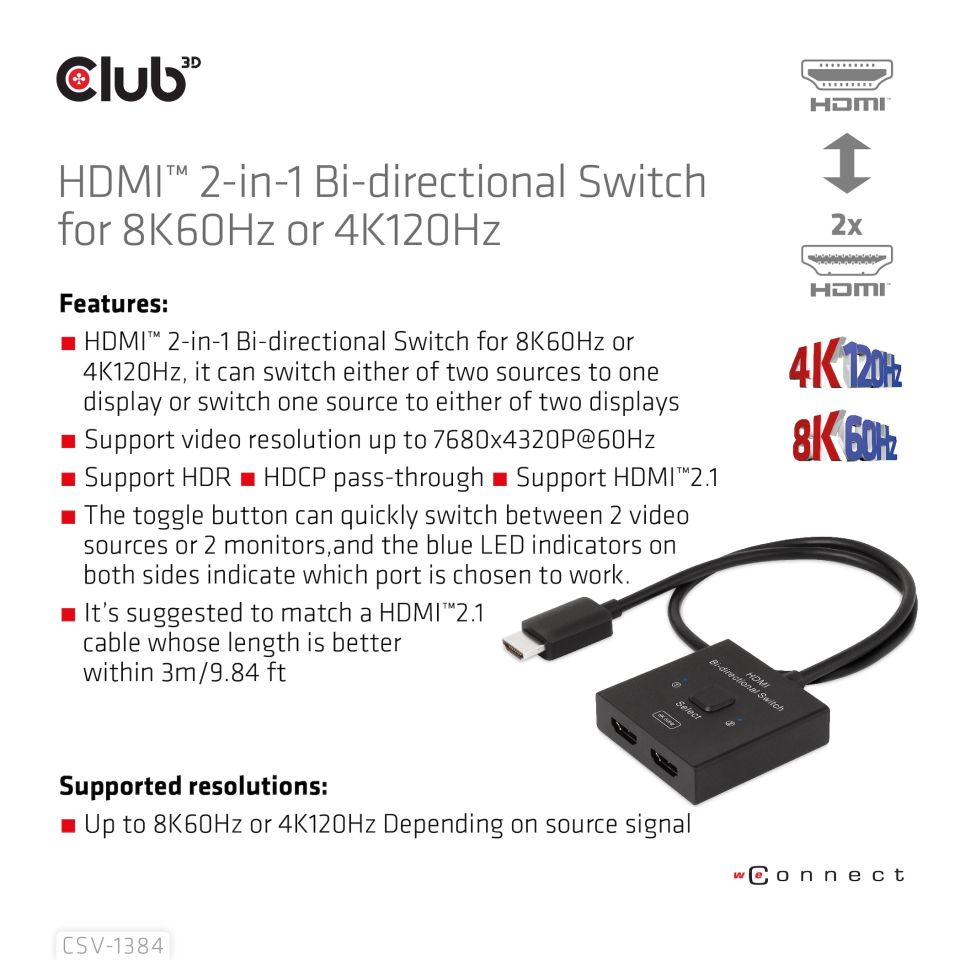 Club 3D Switch HDMI™ 2-in-1 bi-direktionaler 