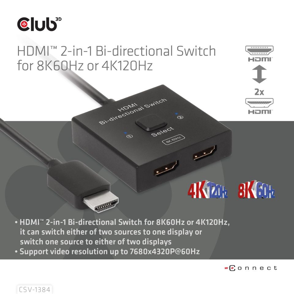 Club 3D Switch HDMI™ 2-in-1 bi-direktionaler 