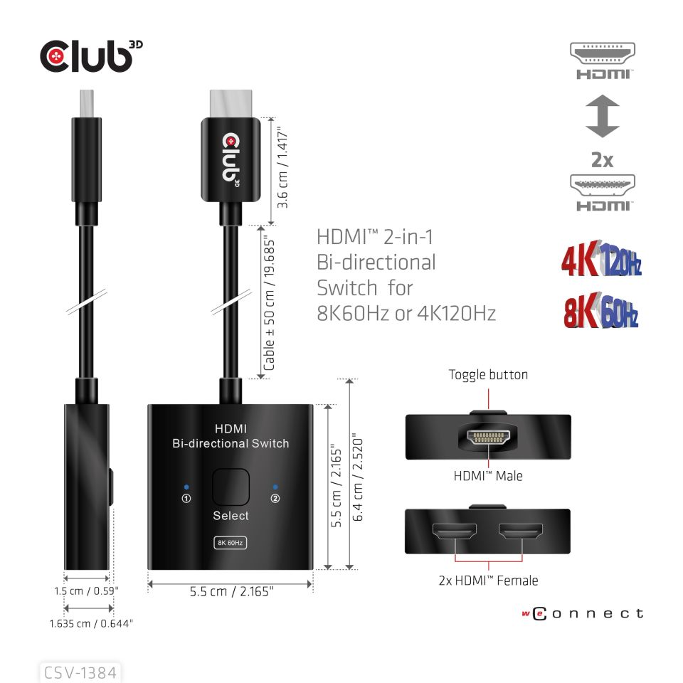 Club 3D Switch HDMI™ 2-in-1 bi-direktionaler 