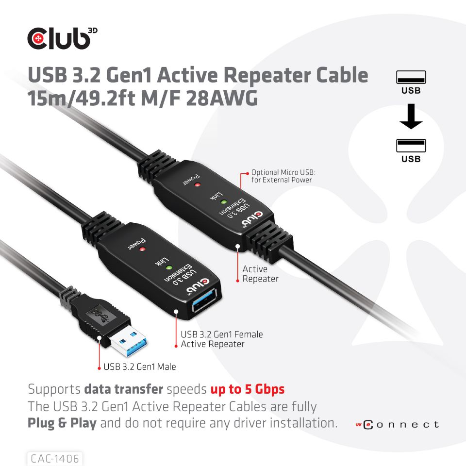 Club 3D USB 3.2 Verlängerungskabel - 15m