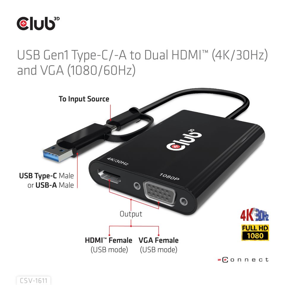 Club 3D Splitter USB-C auf HDMI + VGA